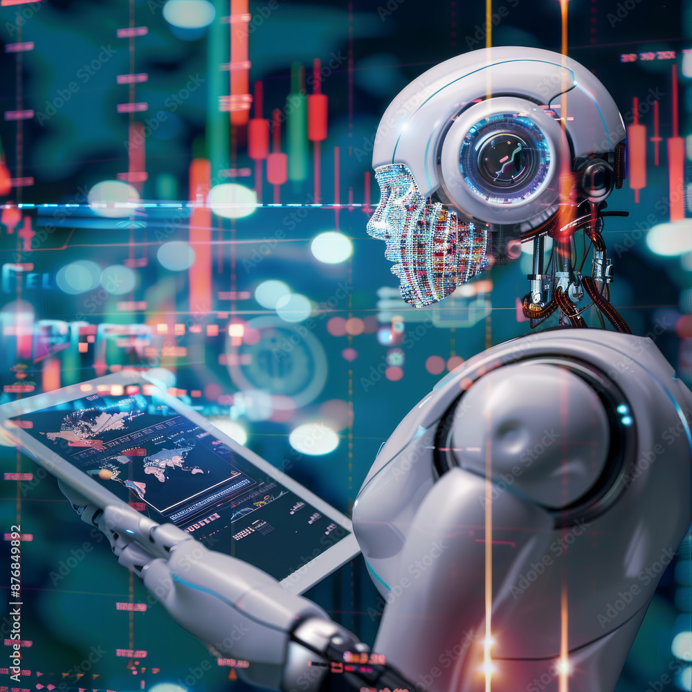 Poster concept of artificial intelligence, machine learning, and finance featuring a digital tablet on a bu