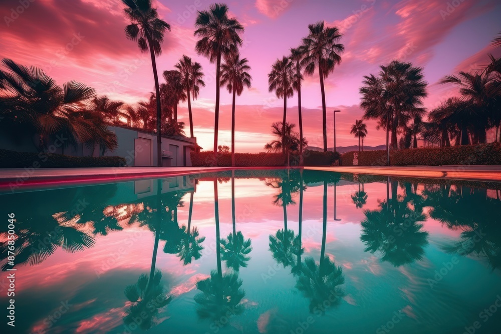 Poster palm trees and sunset beach reflection outdoors nature.