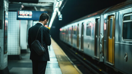 A man in a suit waits for a subway train on an underground platform at night. The scene is dimly lit with a focus on the approaching train.