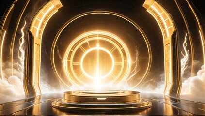 Obraz premium Empty product display podium with advanced technology sci fi golden background