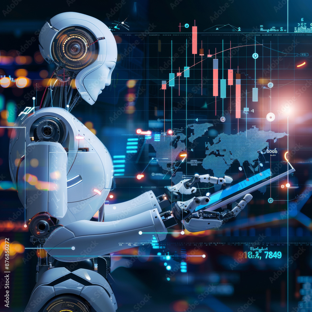 Poster concept of artificial intelligence, machine learning, and finance featuring a digital tablet on a bu