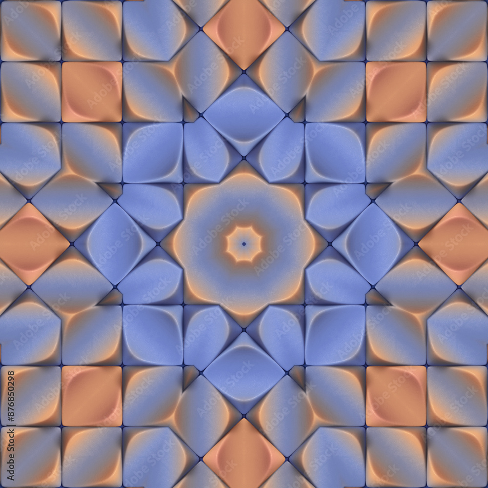 Poster digital illustration of a symmetrical, kaleidoscopic, intricate pattern in orange, blue and cream. 3