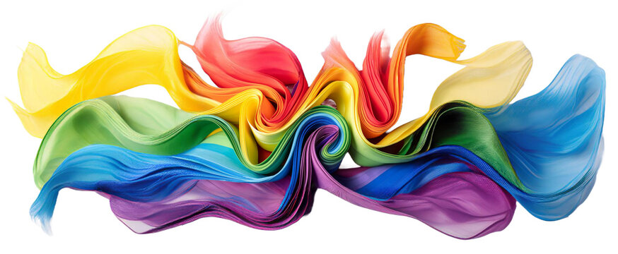 Farbwelle in den Regenbogenfarben als grafisches Element zur Dekoration, Die Welle aus Farben sieht aus wie eine Instalation aus Textilien, die in mehreren Lagen aus Stoffen gelegt wurde.