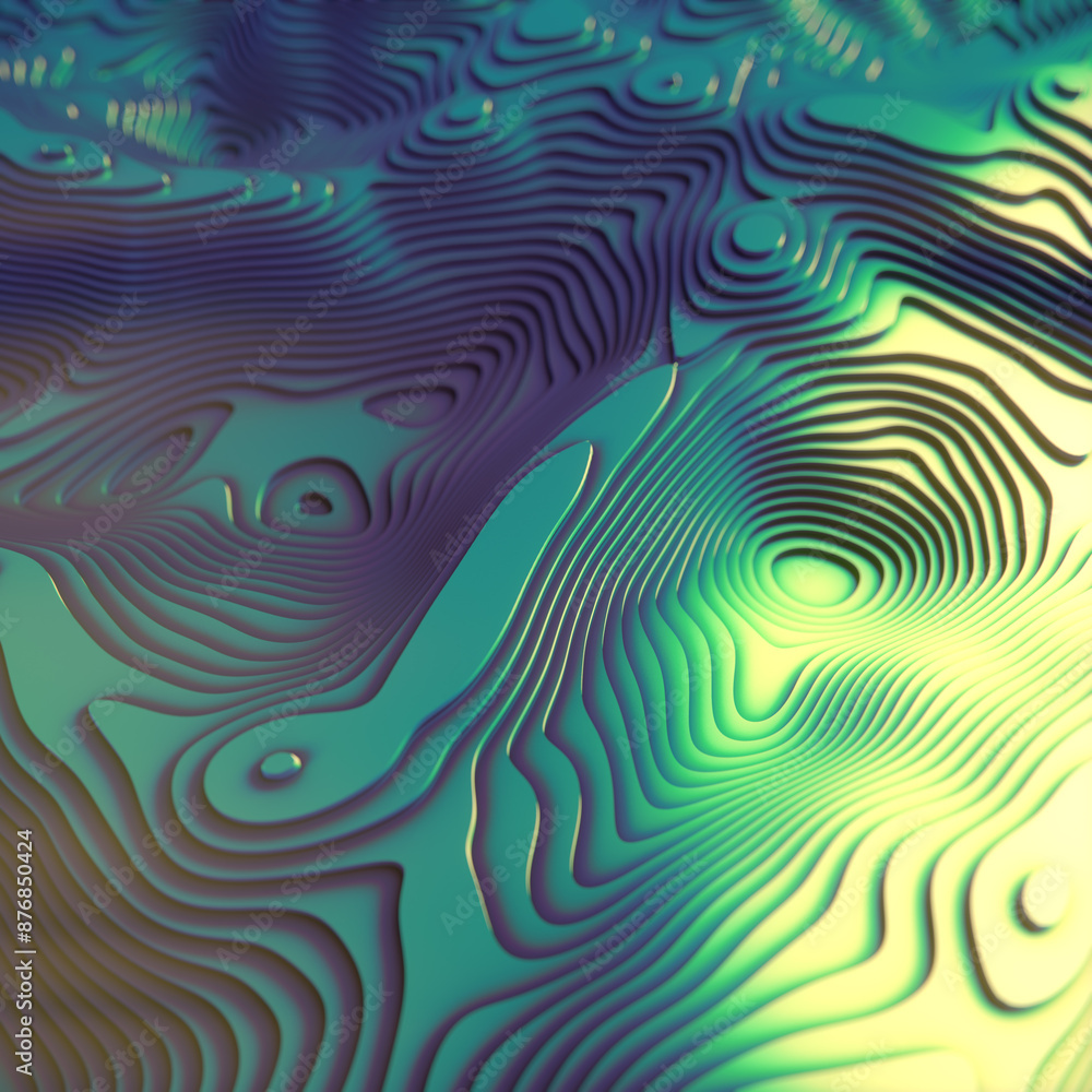 Aufkleber Intricate wavy metallic glossy lines. Digital illustration of a dark pattern with neon reflections. 3d rendering