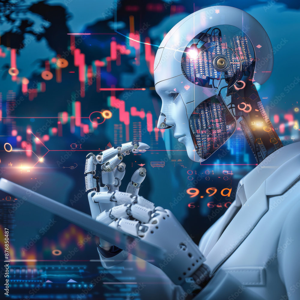 Poster concept of artificial intelligence, machine learning, and finance featuring a digital tablet on a bu