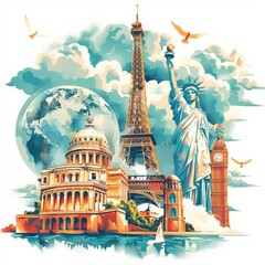 Colorful travel landmarks illustration with famous monuments, globe, and clouds on a white background, representing worldwide tourism.