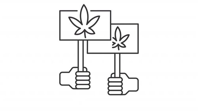 Cannabis legislation line animation. Legalization boycott animated icon. Moving protest boards. Social movement. Black illustration on white background. HD video with alpha channel. Motion graphic