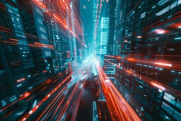 Fluorescent red and cyan light trails weaving through a dense, futuristic metropolis, Generative AI