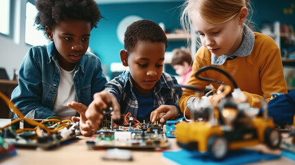 Three children engaged in a collaborative STEM activity, assembling and experimenting with electronics and robotics in a classroom setting.