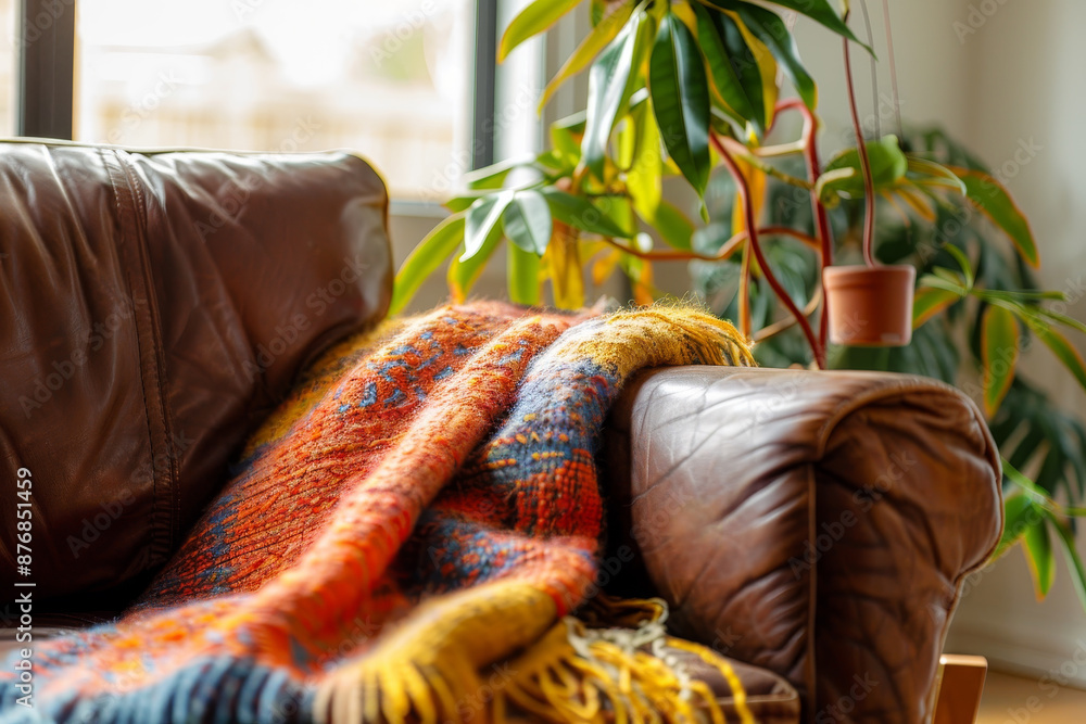 Wall mural A brown leather couch with a colorful blanket draped over it