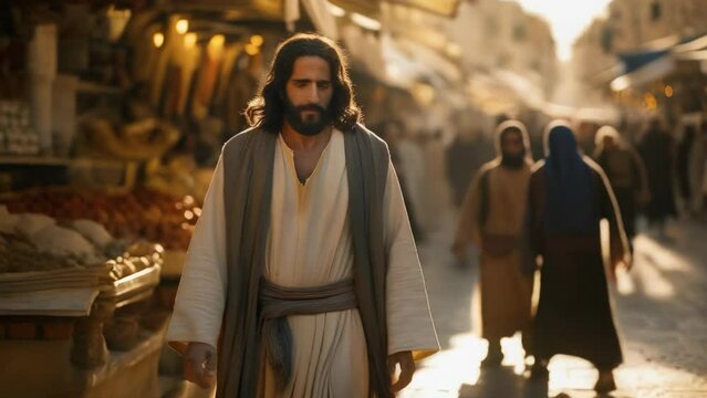 Jesus in a robe walks through an ancient market.