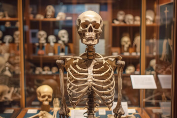 A skeleton in a museum is displayed with skulls, bones, and specimens for education and research, providing valuable insight into anatomy and history