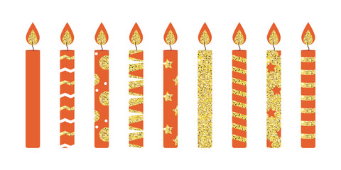 Set of vector beautiful red glitter candles for the cake on white backgroud. Set of candles for birthday cake. Stylish set of candles.