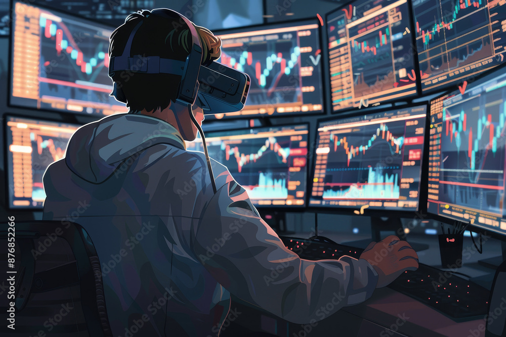 Poster a man is sitting in front of a computer monitor with a headset on