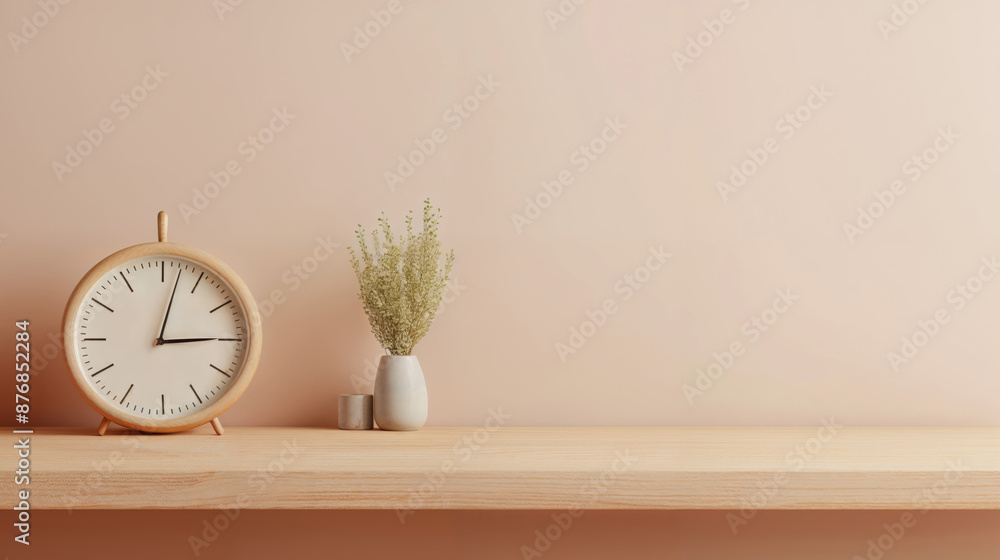 Poster modern clock is resting on a wooden shelf with minimalist decor, showcasing a serene and stylish int