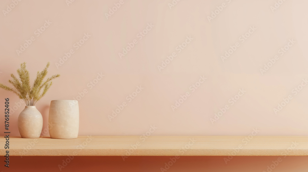 Wall mural minimal interior scene featuring a wooden shelf with two vases and a pink wall, perfect for showcasi