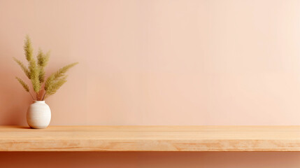 Wooden shelf is holding a white vase with dried pampas grass against a peach wall, providing the perfect backdrop for product placement