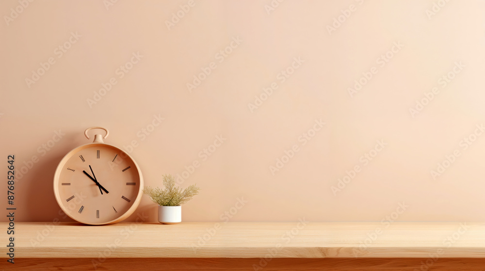 Poster Minimalist interior design is featuring a clock and a plant resting on an empty shelf with a peach wall in the background