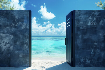 A blue ocean with a gate in the wall