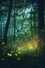 Fototapeta premium Neon green and yellow bio-luminescent fireflies lighting up a mystical forest at twilight, Generative AI