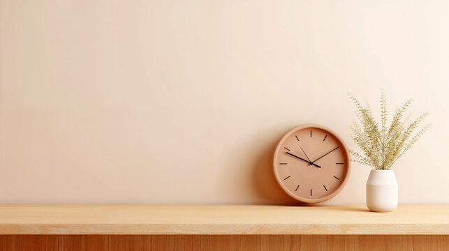 Minimalist interior design with a clock and a plant in a vase sitting on a wooden table against a beige wall, providing a sense of peace and tranquility
