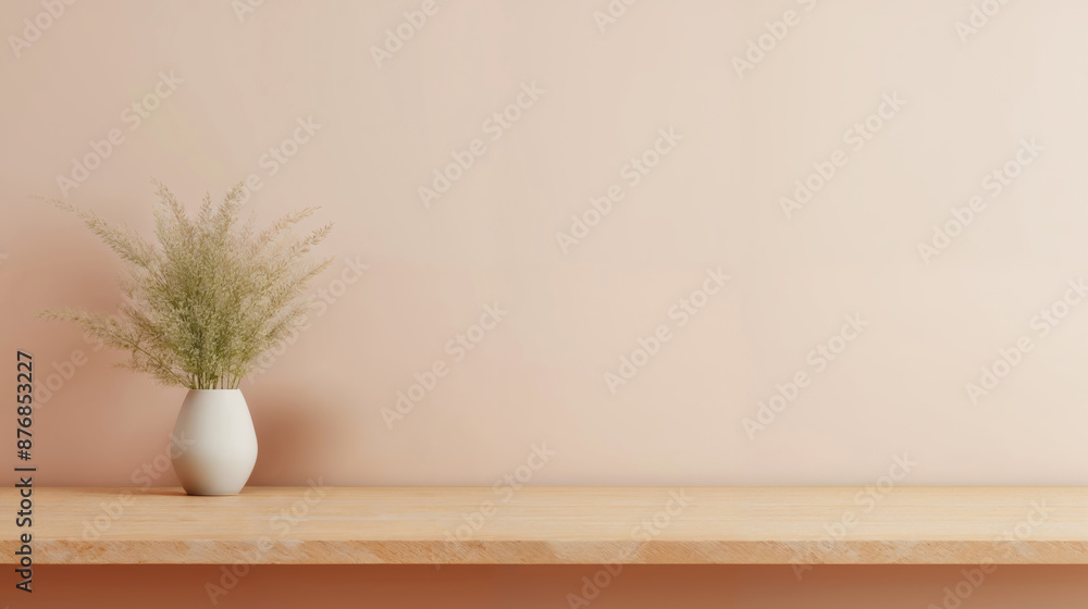 Poster white vase is standing on a wooden shelf with a bunch of ornamental grass in front of a pink wall, c