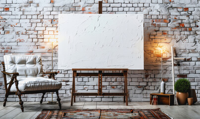 Simple studio with blank canvas on easel, white brick wall, soft lighting