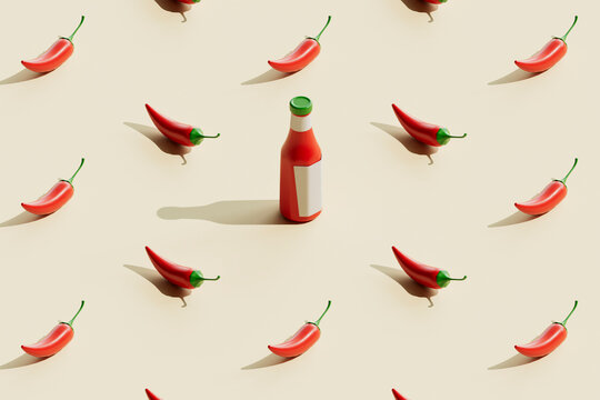 Hot sauce bottle among red chili peppers on beige background