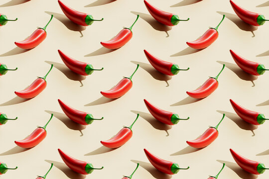 Seamless pattern of red chili peppers arranged on beige background