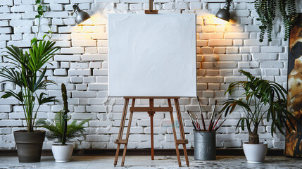 Simple studio with blank canvas on easel, white brick wall, soft lighting