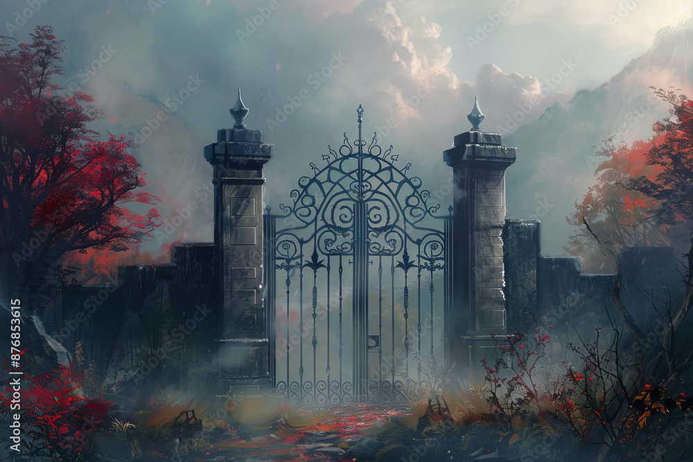 Poster a gate with a gatehouse in the background