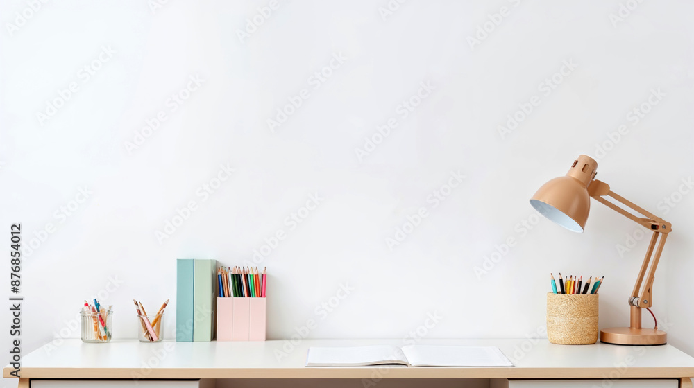Poster clean and organized desk is awaiting, featuring a lamp, stationery, and an open notebook, inviting a
