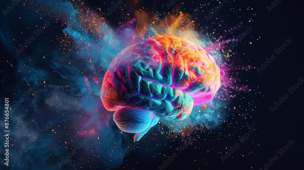 Poster a colorful brain is exploding in a colorful explosion of sparks