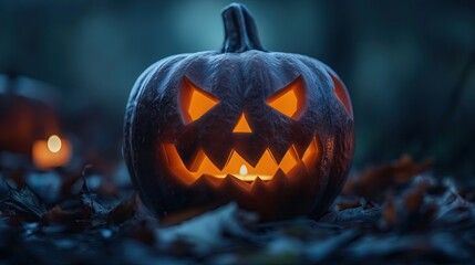 Glowing Jack-O'-Lantern with Candle Inside Spooky Halloween Pumpkin in Dark Forest