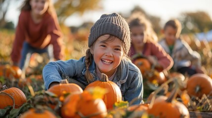 Fototapeta premium Children Picking Pumpkins in Autumn Field Happy Kids Enjoying Fall Harvest Activity