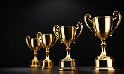 Golden trophy cups lined up on black background