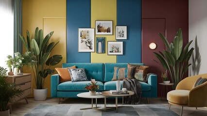 Modern interior living room, colorful teal sofa with eclectic throw pillows, vibrant color palette, yellow, blue, and burgundy panel walls, lush green plants, contemporary decor, cozy ambiance, soft l