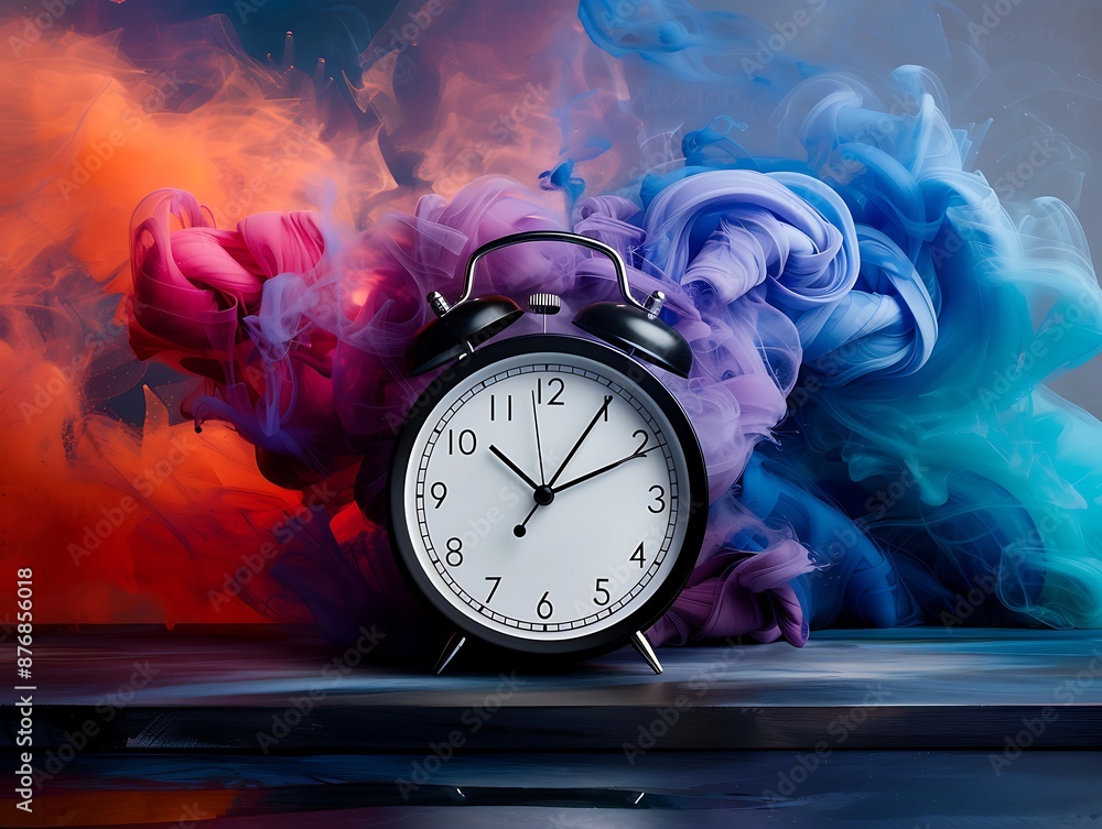 Poster creative shot of an alarm clock with a whimsical, artistic background featuring abstract shapes and 