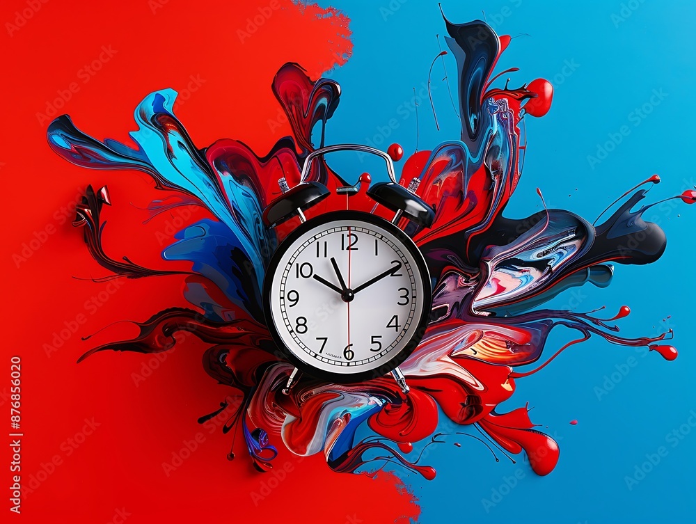 Poster creative shot of an alarm clock with a whimsical, artistic background featuring abstract shapes and 