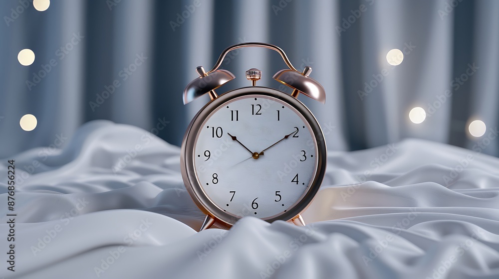 Poster elegant alarm clock with a metallic finish, surrounded by soft, flowing fabrics and gentle lighting 
