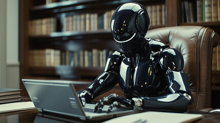 Hybrid cyborg in the office and using laptop