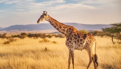 Obraz premium Elegance in the Breeze: Giraffe Standing Tall in Africa's Sprawling Savannas