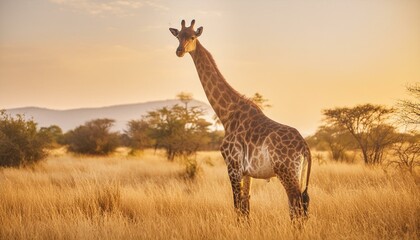 Obraz premium Elegance in the Breeze: Giraffe Standing Tall in Africa's Sprawling Savannas