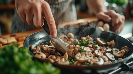 Person Sautéing Fresh Mushrooms and Herbs in Frying Pan Culinary Preparation