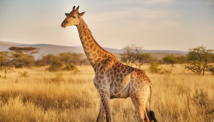 Obraz premium Elegance in the Breeze: Giraffe Standing Tall in Africa's Sprawling Savannas