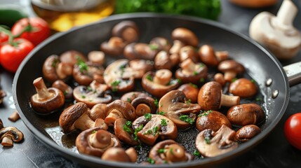 Fototapeta premium Mushrooms Sautéing in Frying Pan Culinary Cooking Process with Fresh Herbs