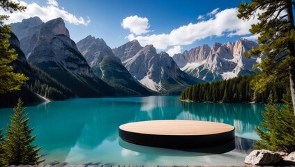 Obraz premium Empty product display marble podium with mountains background with lake
