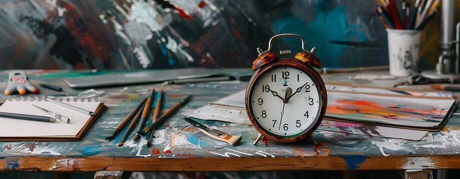 Old orange alarm clock unique, handcrafted alarm clock with artistic details, placed on a creative workspace filled with artistic tools.
