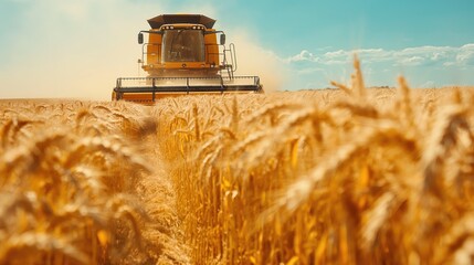 Fototapeta premium Combine Harvester Working in Wheat Field on a Sunny Day During Harvest Season