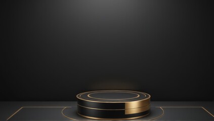 The product display podium is golden black with fog and luxurious decoration.